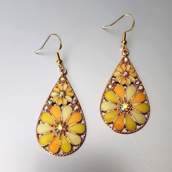 Sunflower Boho Bling Teardrop Hang Earrings 925S Post - Picture 1 of 6